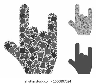 Rock gesture mosaic of tuberous pieces in various sizes and color tones, based on rock gesture icon. Vector inequal pieces are united into mosaic. Rock gesture icons collage with dotted pattern.