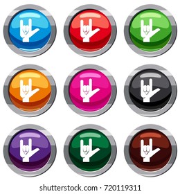Rock gesture set icon isolated on white. 9 icon collection vector illustration