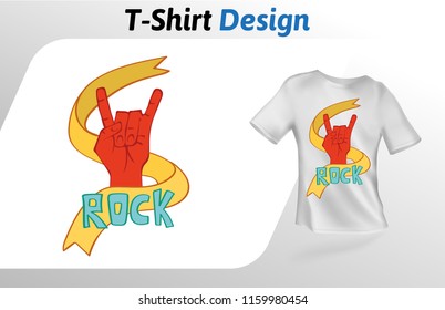 Rock gesture, sign of horns with word rock, t-shirt print. Colorful mock up t-shirt design template. Vector template, isolated on white background.