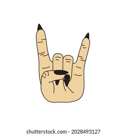Rock gesture vector illustration. Hand with pointed long black nails showing rock n' roll, rock, metal, punk symbol. Isolated.
