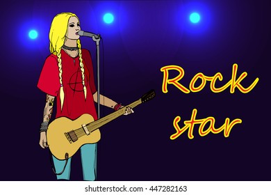 Rock girl with guitar. Rock star. Hand drawn vector stock illustration.