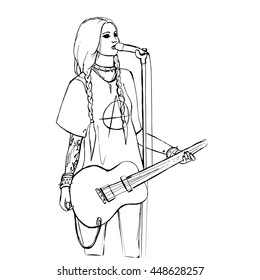 Rock girl with guitar. Rock star. Hand drawn vector stock illustration. Black and white whiteboard drawing.