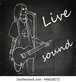 Rock girl with guitar. Rock star. Live sound. Hand drawn vector stock illustration. Chalk board drawing.