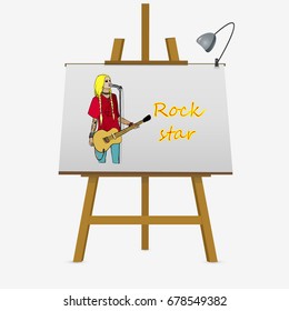 Rock girl with guitar. Rock star on easel. Hand drawn vector stock illustration.
