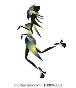 Rock girl wearing high heels on white background is dancing. Vector artistic illustration.