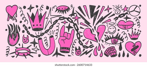 Rock girly crayon drawn set. Punk coquette breaking heart doodle background. Horns sign, fire and crown naive style. Scribble grunge poster elements. Vector by pencil isolated illustration collection.