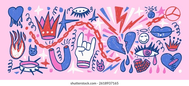 Rock girly crayon set. Punk coquette breaking heart doodle background. Scribble grunge hand drawn poster elements. Pink and blue devil horns and crown. Vector pencil isolated illustration collection.
