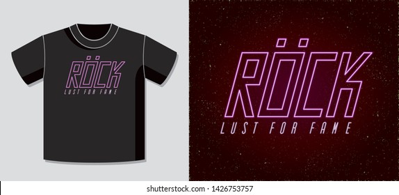 Rock Glam Heavy Metal Neon Sign Style Hand Drawn Logo and Lust for Fame Lettering with Application Example on T-Shirt Vector Template - Purple on Black Background - Vector Flat Graphic Design