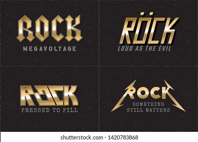 Rock Glam and Thrash Heavy Metal Glossy Gold Style Sharp Hand Drawn Logos Set with Special Authentic Lettering Comic Creative Concept - Golden on Grunge Background - Vector Gradient Graphic Design