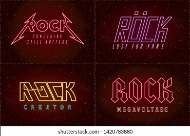 Rock Glam and Thrash Heavy Metal Glowing Neon Sign Style Hand Drawn Logos Set with Special Authentic Lettering Comic Creative Concept - Red and Purple on Grunge Background - Vector Flat Graphic Design