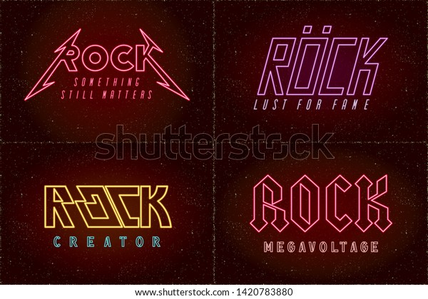 Rock Glam and Thrash Heavy Metal Glowing Neon Sign\
Style Hand Drawn Logos Set with Special Authentic Lettering Comic\
Creative Concept - Red and Purple on Grunge Background - Vector\
Flat Graphic Design