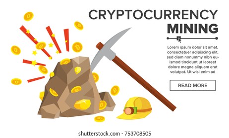 Rock With Gold Coins Vector. Bitcoin Cryptocurrency Concept. Mine, Pick, Helmet. Digging To Get Virtual Coins. Flat Cartoon Illustration