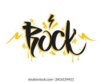 Rock Graffiti Wort, Street Art und urbane Textschrift mit Airbrush Spray, Cartoon Vektor. Word Rock mit gelbem Blitz und Farbleck tropft in Street Art oder Musikstil auf die Wand