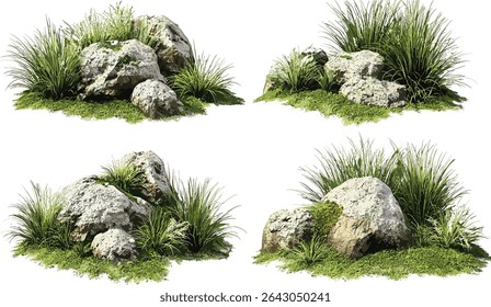 Composição da paisagem de rocha e grama, formações rochosas serenas prados, paisagem de rocha coberta de grama, cena pacífica da natureza, paisagem ao ar livre, rocha natural e grama