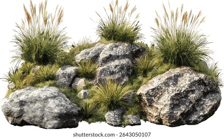 Rock and grass meadow collection set, isolated vector layout, nature background, landscape design, outdoor scenery, green grass, rocky terrain, natural environment, scenic view, plants