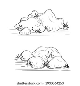 Rock con ilustración vectorial de césped, simple dibujado a mano, esbozando elementos naturales