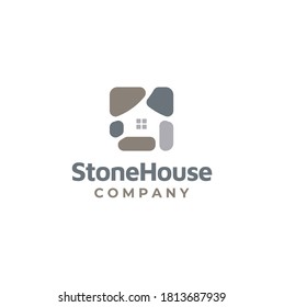 Rock Gravel House with windows for Natural Stone Rural Home logo design