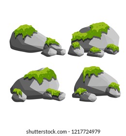 Rock with green moss. Element of forests, nature and mountains. A set of stones and boulders.
