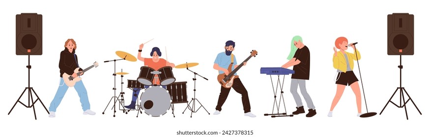 Rock group cartoon characters playing music instruments performing isolated on white background