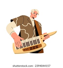 Rock group member hold keytar. Keyboardist with keyboard guitar perform solo. Musician performer study to play on retro music instrument. Performance flat isolated vector illustration on white