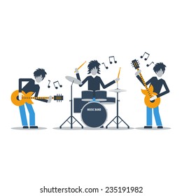Rock group music band, live performance, club concert, audition competition. Guitarists and drums playing music, three musicians, rehearsal concept, vector flat illustration svg