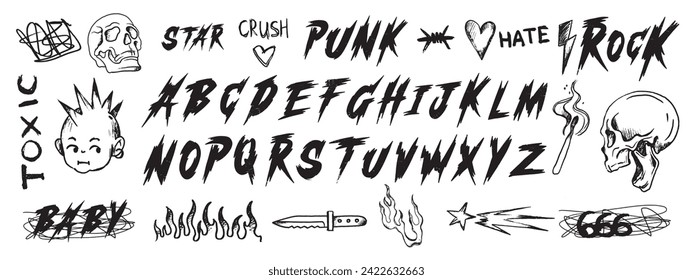 Rock grunge font print, punk y2k metal music lettering kit, vector gothic dark tattoo typography. Handwritten scary calligraphy, vintage music poster typeface, doodle skull. Rock font letter design