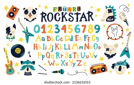 Rock Grunge Graffiti Abs, Numbers And Cute Animals Rockers Punks, Musical Instruments. Vector English Alphabet In Cartoon Hand-drawn Brush Style. Ideal For Baby Names, Birthday Cards, T-shirt Prints