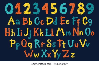 Rock Grunge Graffiti Stamp Abs, Numbers. Vector English Alphabet In Cartoon Hand-drawn Brush Style. Colorful Letters On A Dark Background. Ideal For Baby Names, Birthday Cards, Kids T-shirt Prints