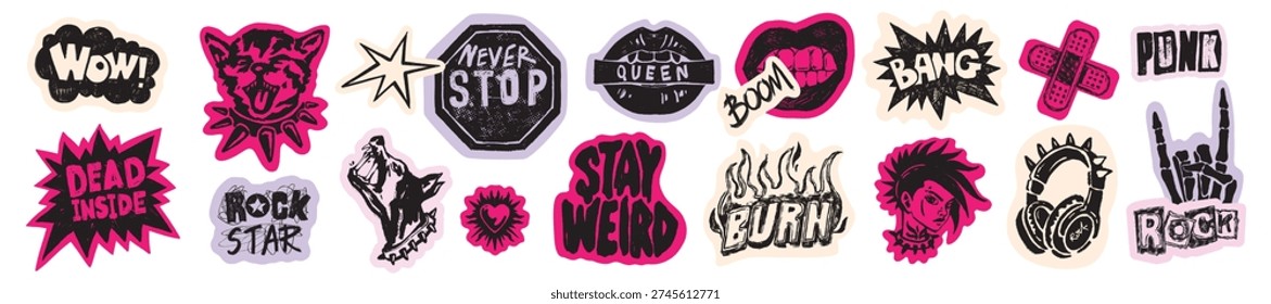 Rock grunge sticker set, punk music badge, hand drawn crayon texture, comic quote doodle patch print. Modern scrapbook urban graphic, cute kitten, lips, flame sign. Emo rock sticker design element