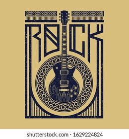 Rock Guitar with ancient nordic ornament logo design inspiration.  