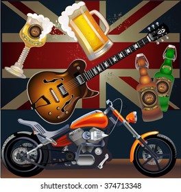  Rock guitar, mug beer, motorcycle and bottle of beer. 