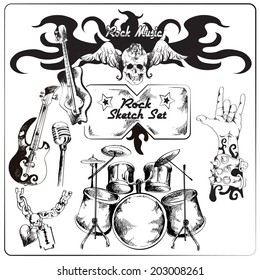 Rock guitar music grunge black sketch set isolated vector illustration