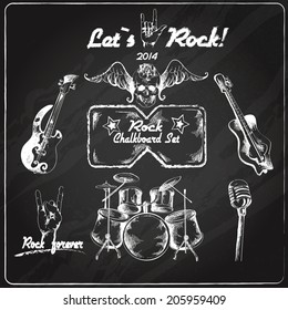 Rock guitar music grunge chalkboard retro sketch set isolated vector illustration