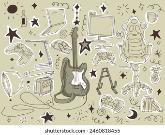 
Rock guitar musical instruments teenager's room chair game console stars music