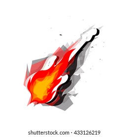 Rock guitar on cartoon fire, burning electric guitar. T-shirt print with guitar