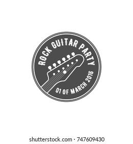 Rock guitar party vector label, badge, emblem logo with musical instrument. Stock vector illustration isolated on white background.