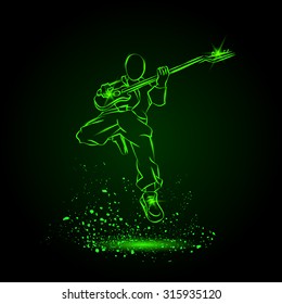 Rock Guitar Player Jumping with guitar. Neon music background.