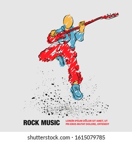 Rock Guitar Player Jumping with guitar. Vector outline of Rock Music Festival banner with scribble doodles style.