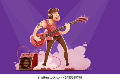 Rock guitar player man in headphones, playing rock music with bass guitar on concert stage. Sound amplifier speaker in smoke. Character isolated on dark background. Eps10 vector illustration.