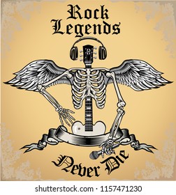 Rock guitar skeleton drawing art