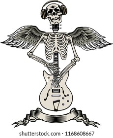 Rock guitar skeleton drawing art
