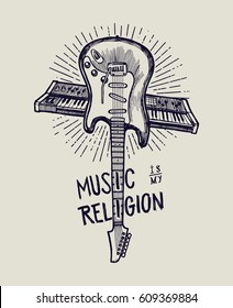 rock guitar and synthesizer crossed - music is my religion print