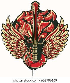 Rock guitar winged graffiti emblem