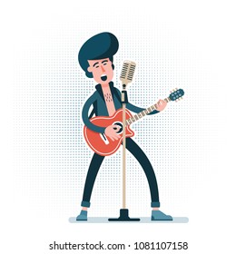 Rock guitarist with an acoustic guitar plays and sings into microphone. Character in flat style.