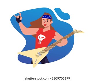 Rock guitarist in bandana showing tongue flat style, vector illustration isolated on white background. Rock star, gesture symbol, musician character, decorative design element