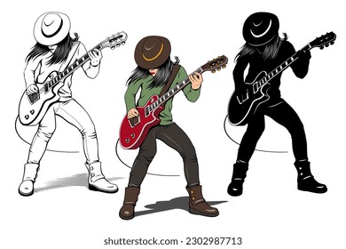 Rock Guitarist Character. Girl in hat playing electric guitar. Outline, Color and Silhouette cliparts isolated on white.