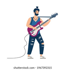 Rock guitarist character performing on stage, flat cartoon vector illustration. Young musician or rock star playing music on guitar at concert or festival.