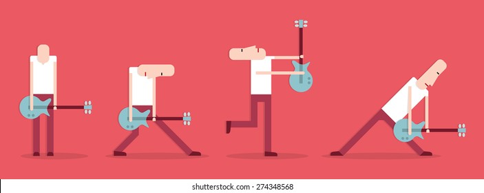 Rock guitarist in four positions, cartoon vector illustration, flat style