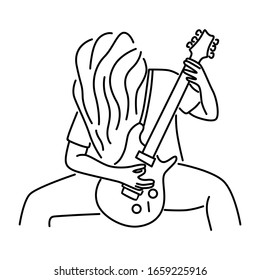 Rock Guitarist Line Art Illustration. Rock musician is playing electrical guitar. Line art vector illustration