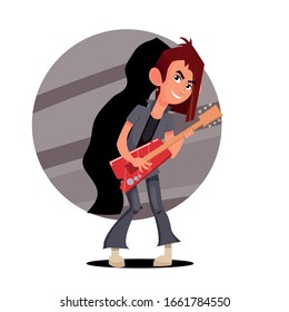 rock guitarist with long hair plays the guitar vector illustration